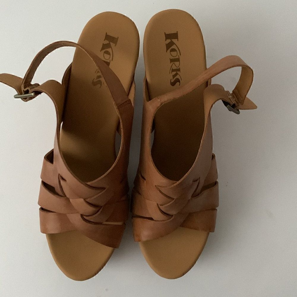 Korks Bagley brown basket woven leather upper open toe wooden heel size 11 - Picture 3 of 12